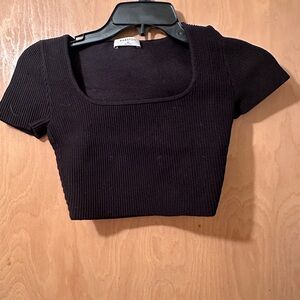 Babaton Black Ribbed Square-Neck Crop Top